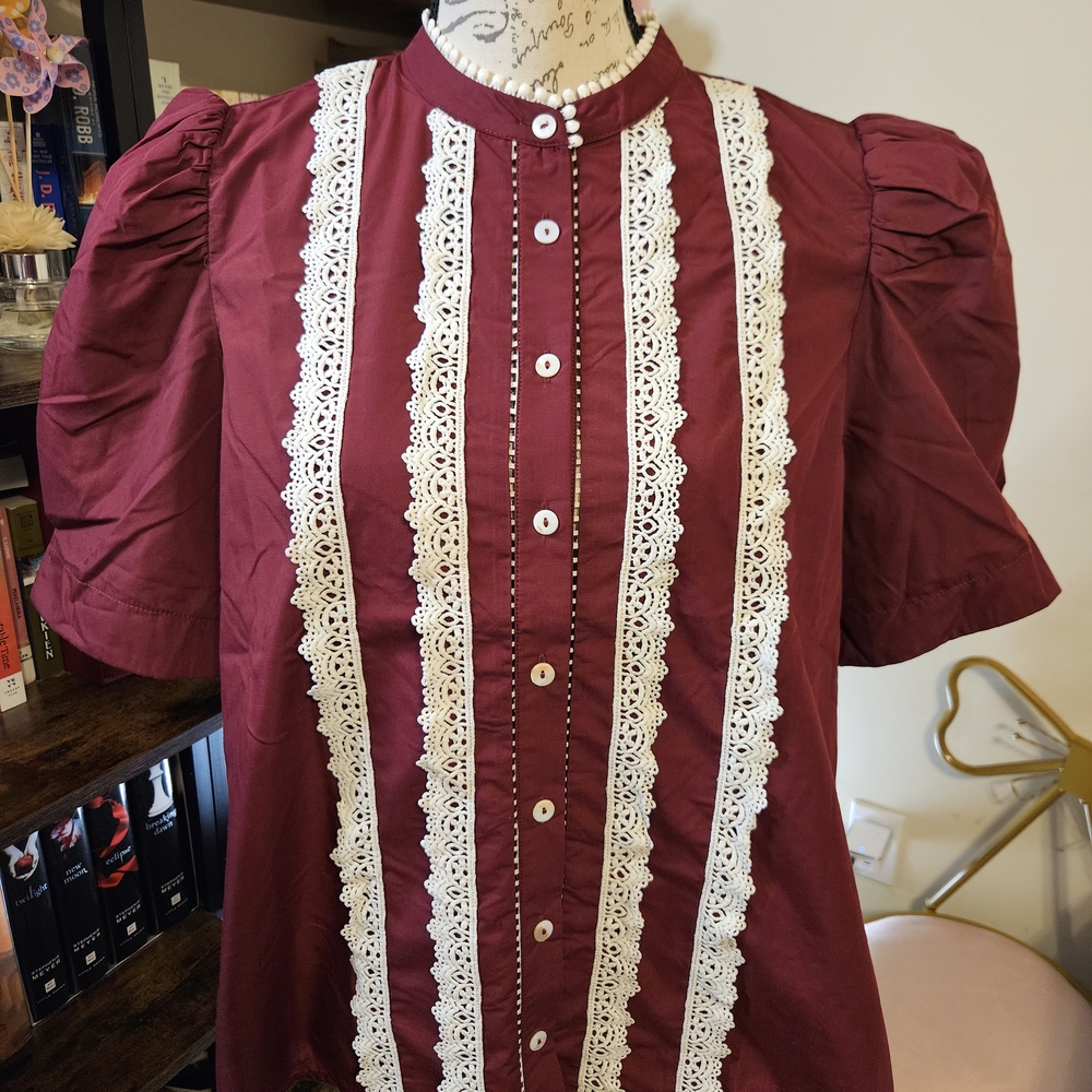 Entro Burgundy Blouse with Lace Trim